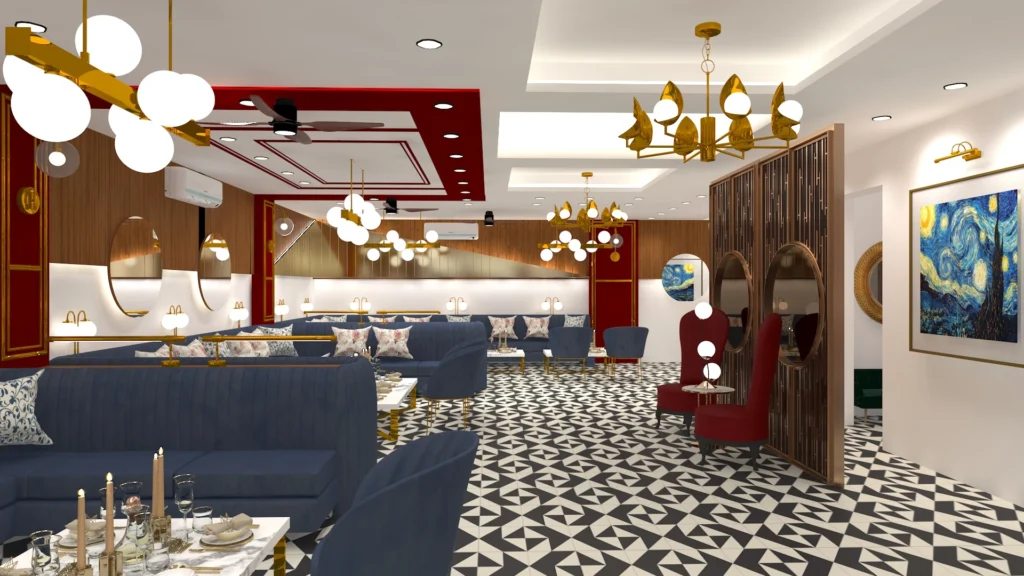 Luxury dining lounge by hospitality architecture firm and interior design companies near me, architects in Delhi NCR contemporary interior space