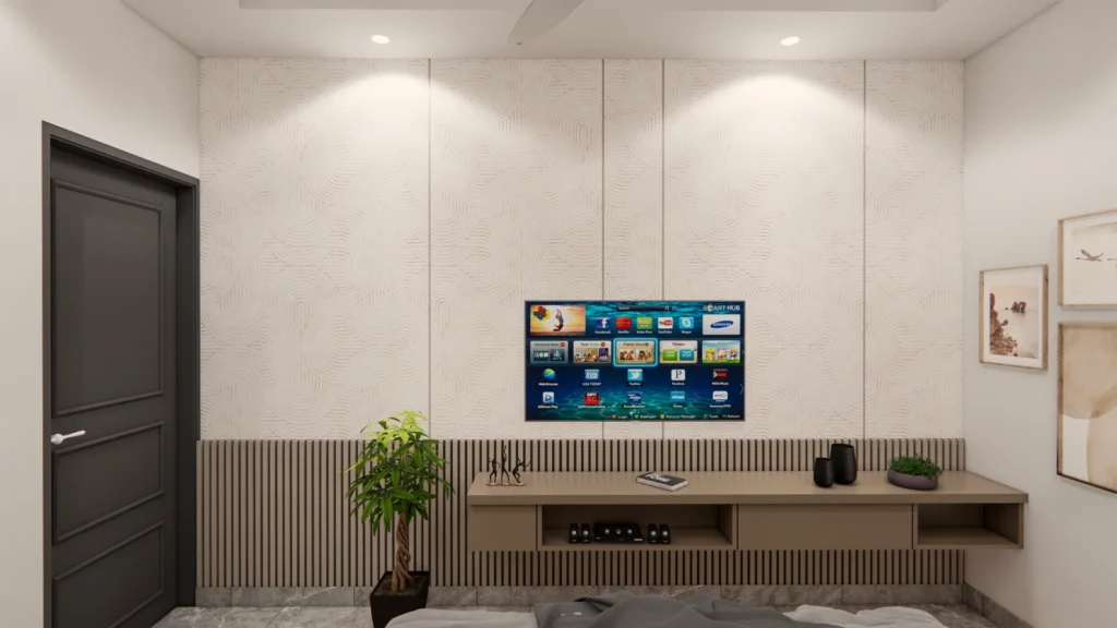Minimal TV unit wall with textured panels and floating console showcasing contemporary residential interior design for modern homes