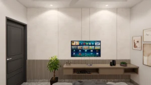 Minimal TV unit wall with textured panels and floating console showcasing contemporary residential interior design for modern homes