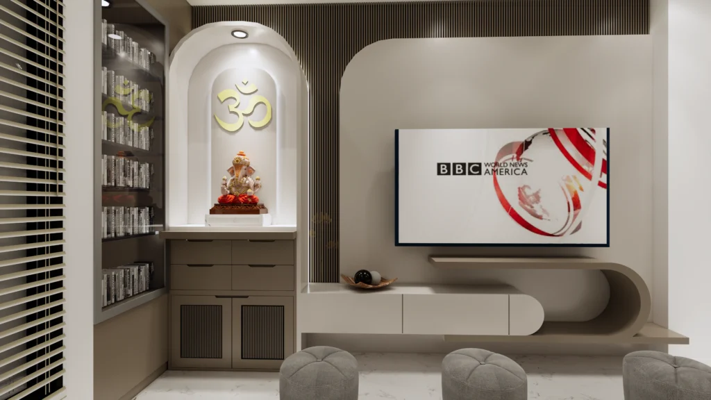 Luxury living room interior design in Delhi by best interior designers near me with modern mandir unit and TV wall