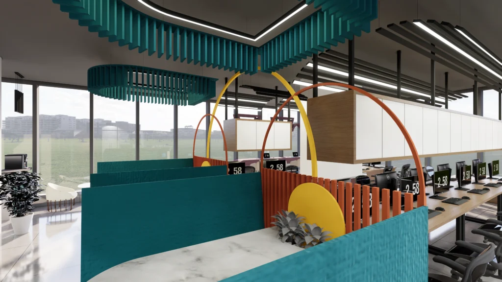 Creative open-plan office interior with colourful partitions, workstation layout, designer ceiling elements and modern lighting by Amartya Architects in Delhi.