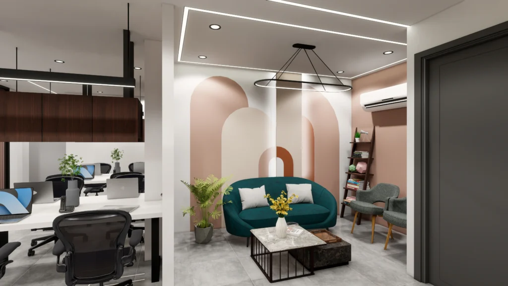 Contemporary office lounge and workspace interior with open-plan seating, modern lighting and ergonomic furniture, designed by commercial interior designers near me and interior architects near me.