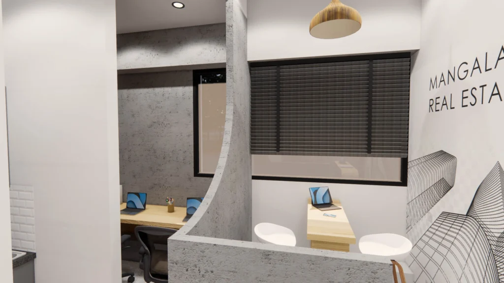 Minimalist office cabin design with concrete textures, workstations and soft lighting showcasing commercial interior design by Amartya Architects.