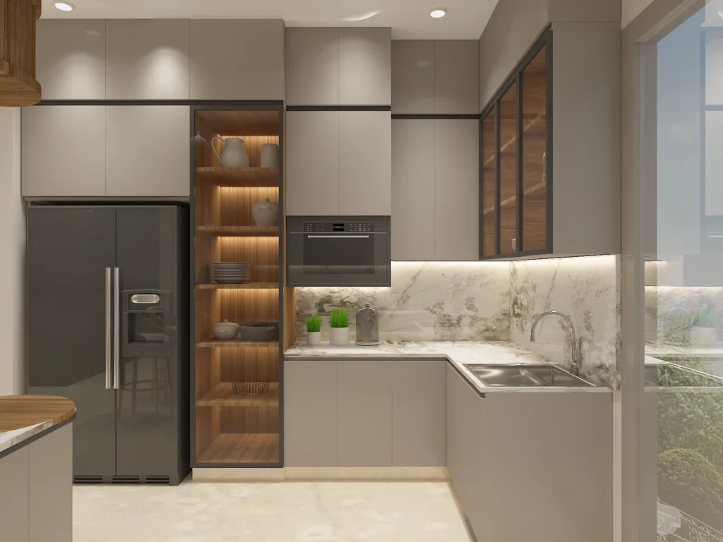 Contemporary L-shaped modular kitchen design with tall units and premium finishes at Budh Vihar Delhi by Amartya Architects, trusted architecture firm for home interiors