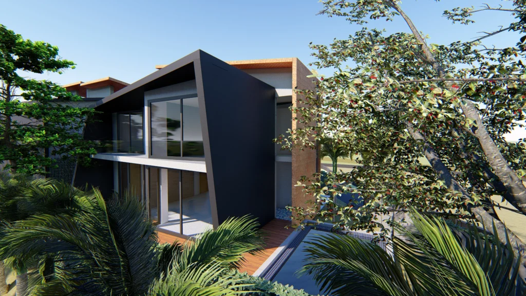 Modern house elevation with bold architectural form, glass façade and integrated landscape, designed by house architect near me offering residential architecture and architectural planning services.