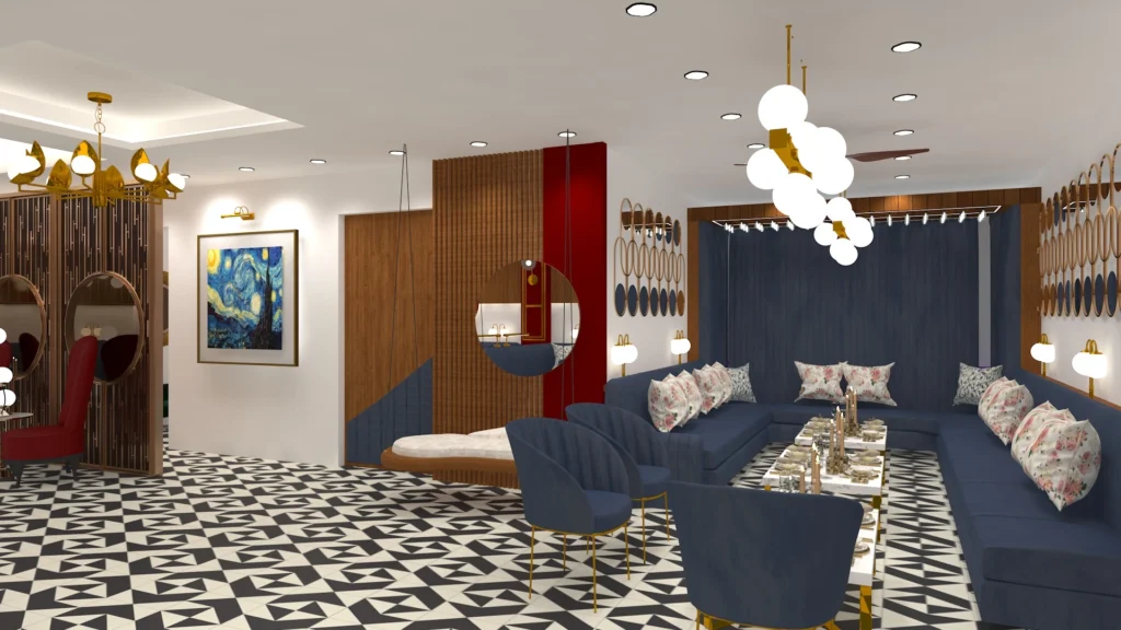 Modern hospitality seating layout by commercial interior architects and interior designer near me, architecture firms in Delhi NCR banquet design