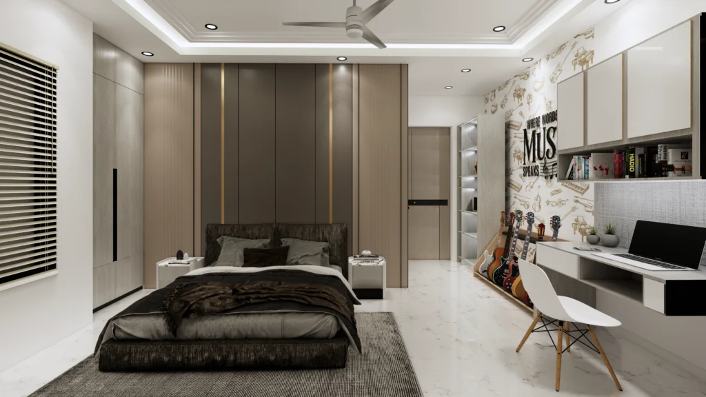 Creative bedroom interior design by interior architects near me in Delhi with custom study desk and personalized wall concept