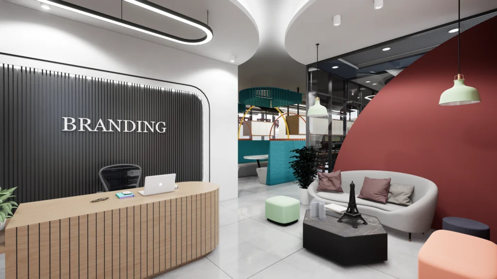 Modern office reception interior with curved ceiling lights, branded reception desk, and contemporary waiting lounge designed by Amartya Architects.