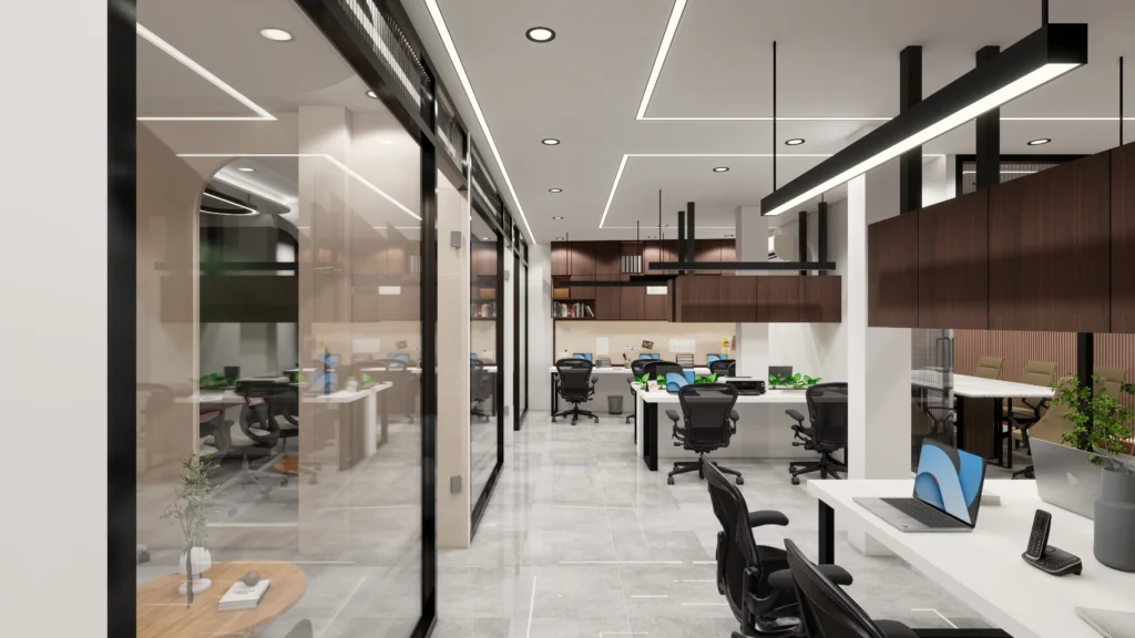 Modern open office interior with glass partitions, modular workstations and ceiling lighting design, delivered by office interior designers near me and architectural design company.