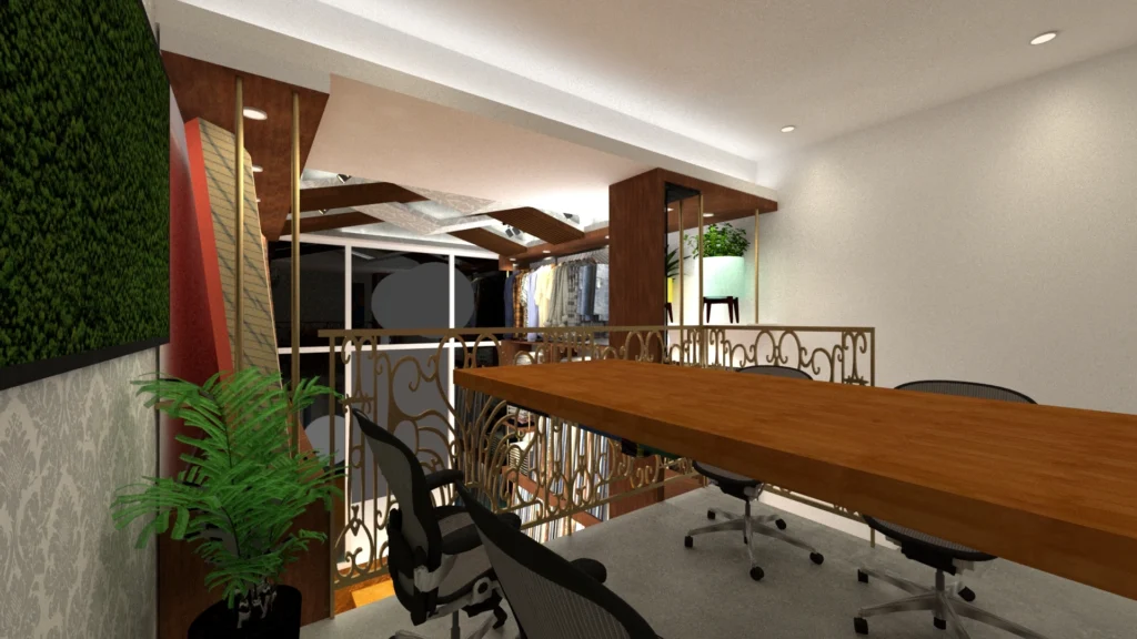 Mezzanine-level fabric showroom workspace with wooden table, designer railing, indoor plants and contemporary retail interior styling