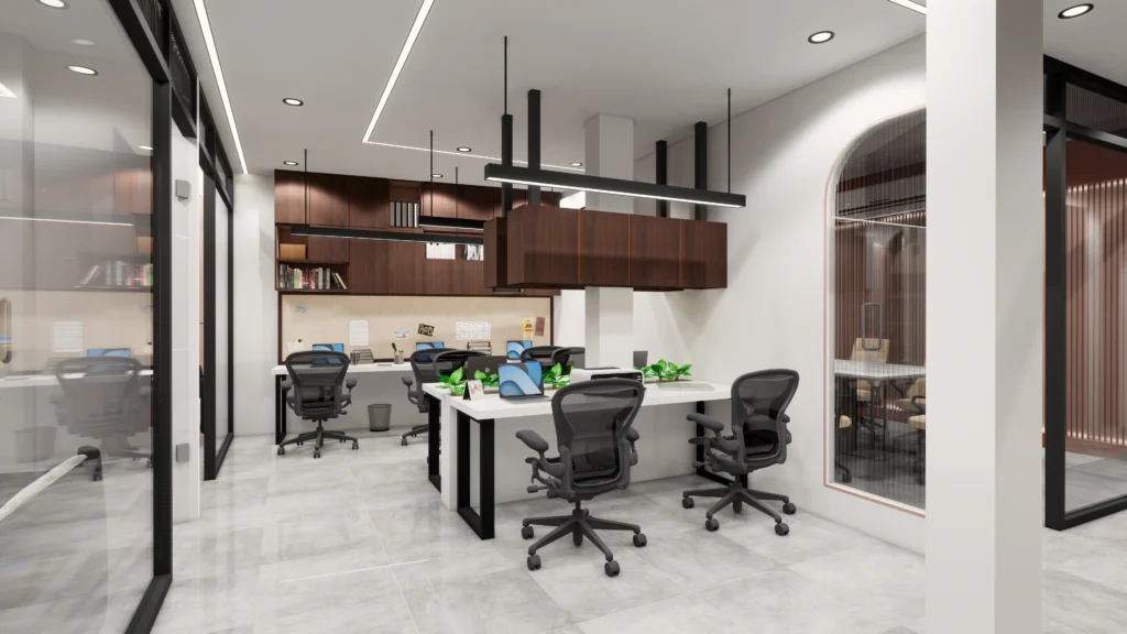 Professional office workspace interior with collaborative desks, wooden storage units and clean architectural detailing, designed by commercial interior architects near me and planning architects.
