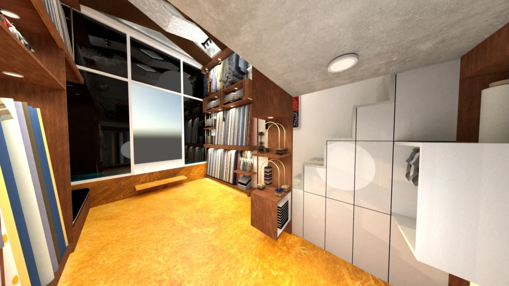 Fabric store interior with display shelves, storage cabinets, staircase area and warm lighting for organized textile presentation