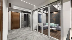 Modern interior passage design with glass sliding partition, textured wall panels, marble flooring, and wooden door | professional interior designer near me