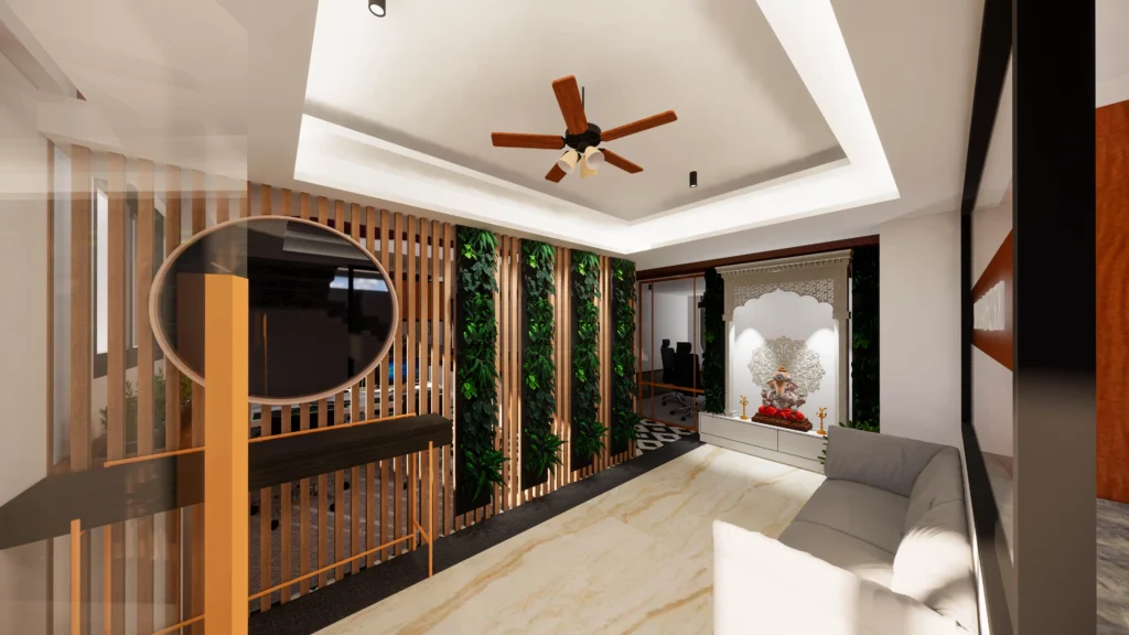 Office waiting area interior design with wooden partitions, indoor plants, and modern lighting in Delhi NCR.