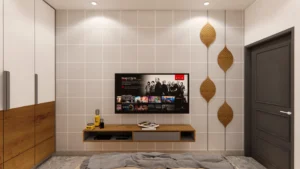Stylish bedroom TV wall featuring grid panels, floating shelf and wooden accents in modern house interior by home architects
