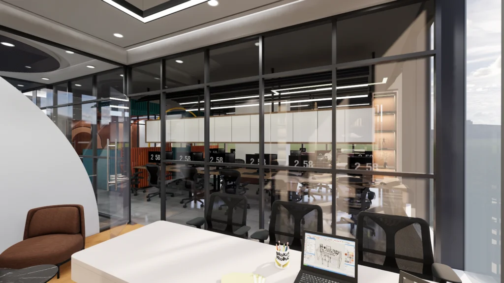 Modern glass-partition office workspace with collaborative desks, ergonomic chairs and clean ceiling lighting designed by Amartya Architects for corporate interiors.