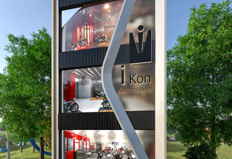 Modern automobile showroom building design in Rohini Sector 5 by Amartya Architects