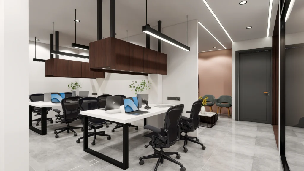 Contemporary office interior design with modern workstations, suspended lighting and functional layout, created by interior design firms near me and architecture and interior design firm.