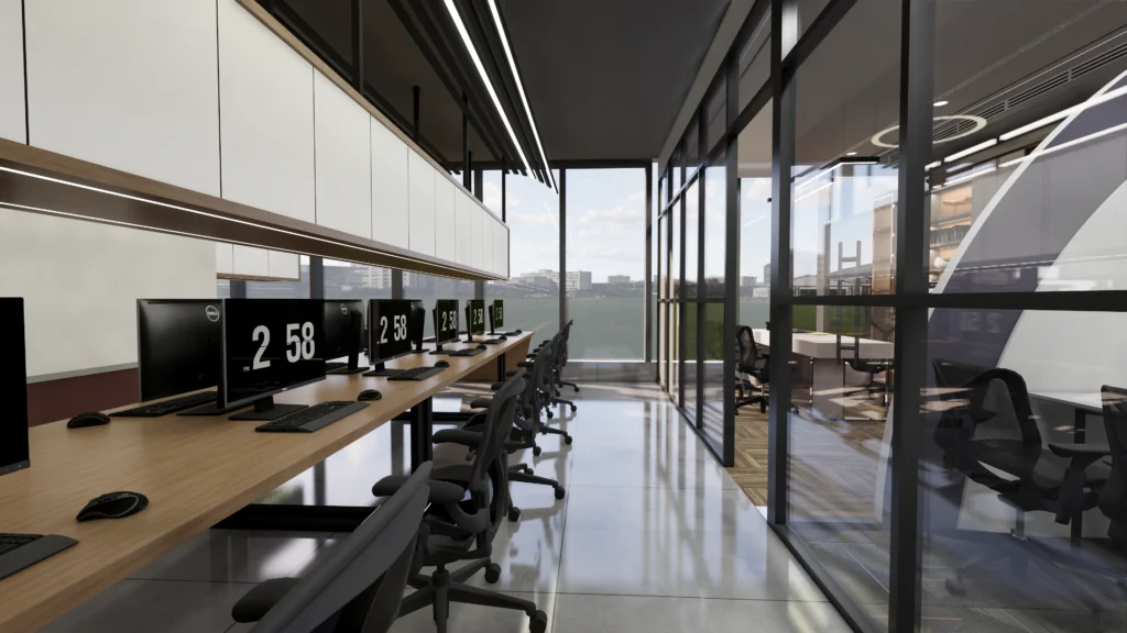 Open office workspace with linear workstations, glass partitions, natural daylight, and modern lighting designed by Amartya Architects.