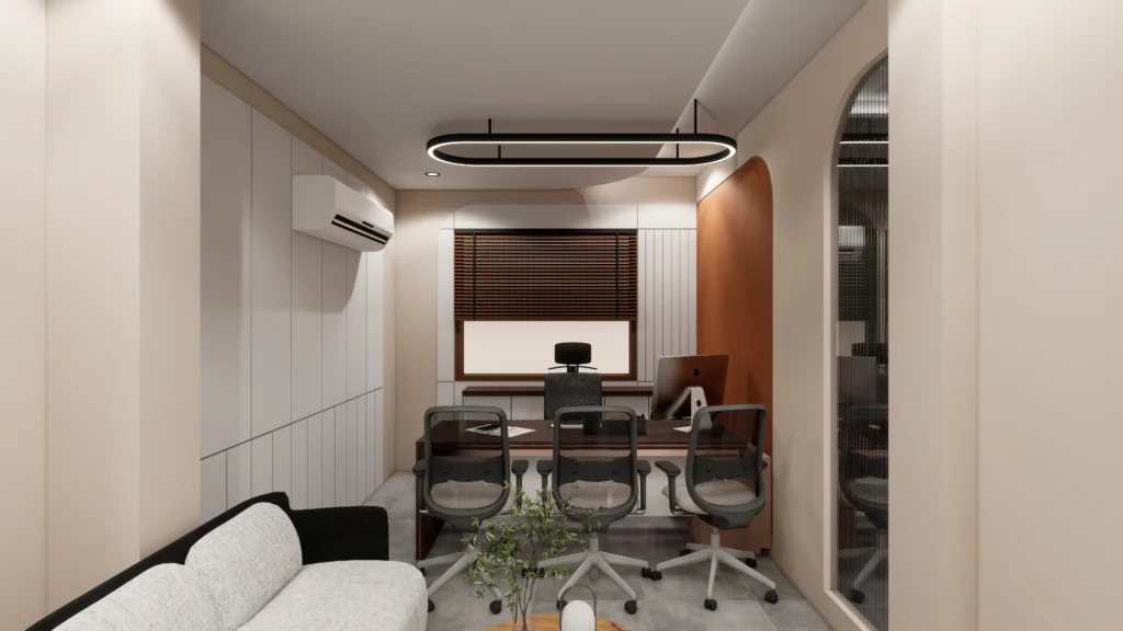 Executive office cabin interior with custom desk, soft lighting and refined architectural finishes, designed by professional interior designer near me and registered architects near me.