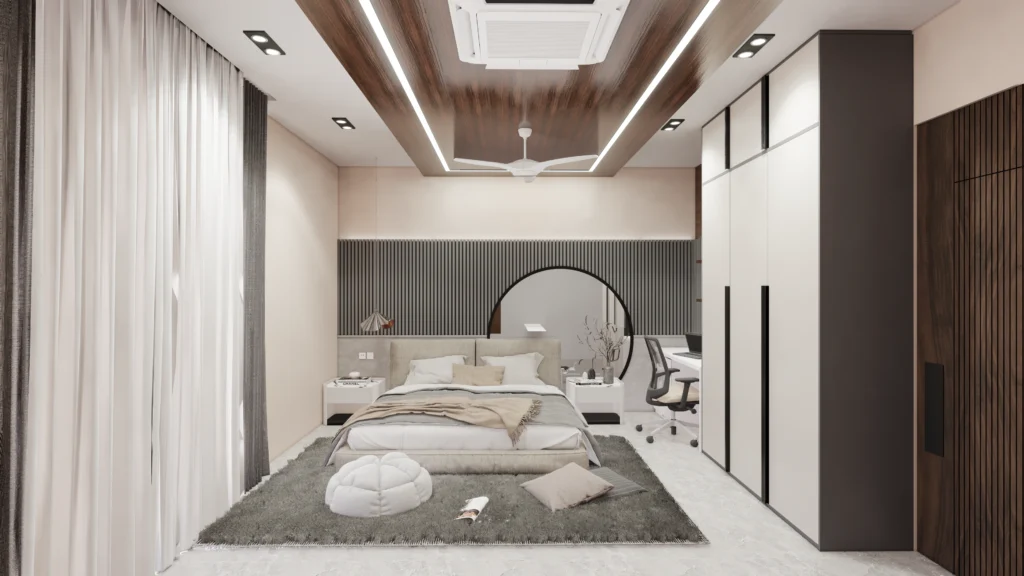 Modern master bedroom interior with study and wardrobe by Amartya Architects, best residential architects, home architecture near me