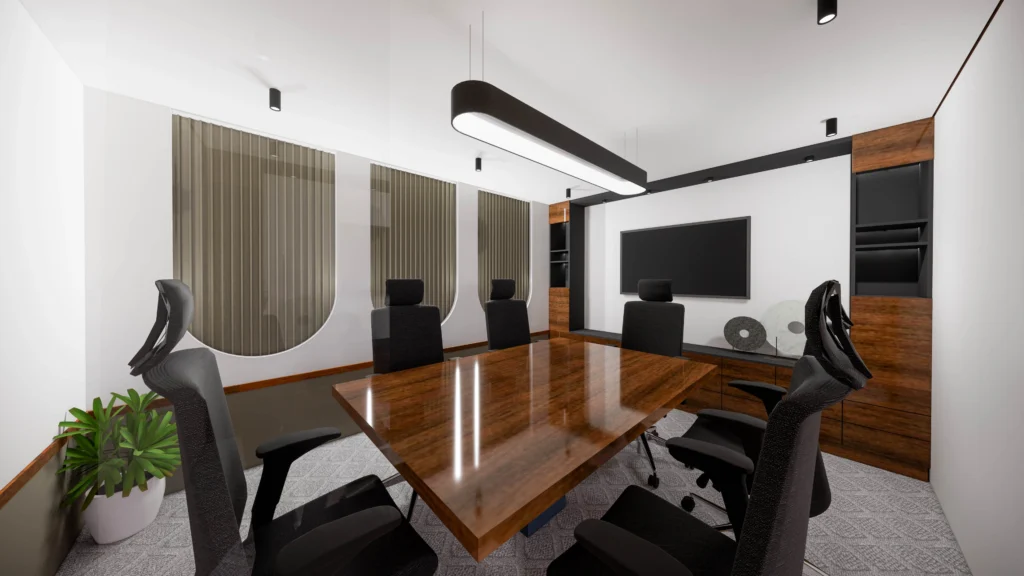 Modern office conference room interior design with meeting table and executive seating in Delhi NCR.