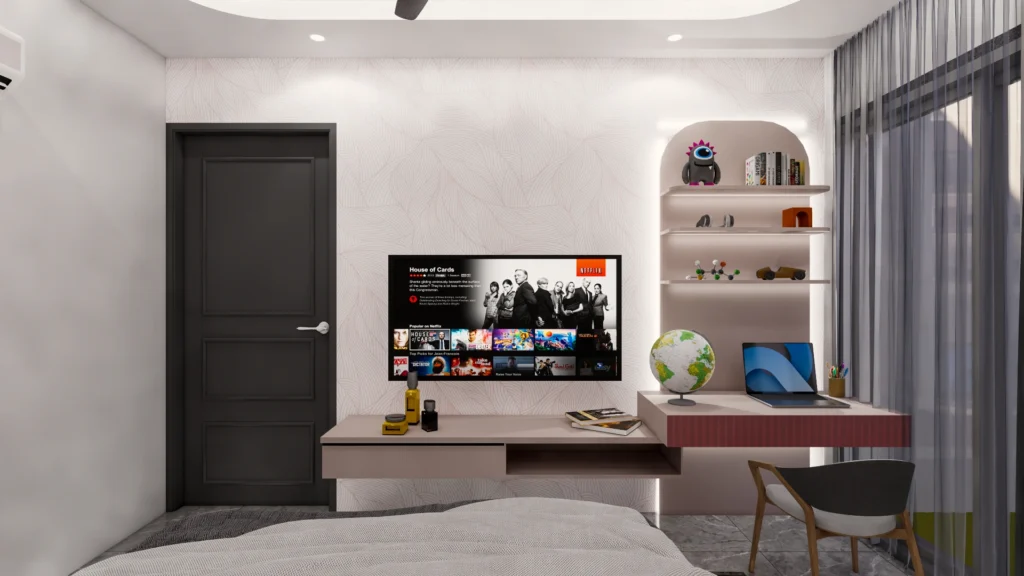 Compact bedroom study corner with wall mounted desk, shelves and TV unit designed for smart residential home interior planning