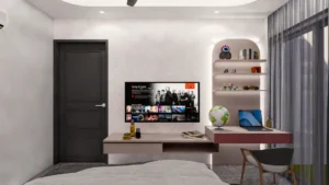 Compact bedroom study corner with wall mounted desk, shelves and TV unit designed for smart residential home interior planning