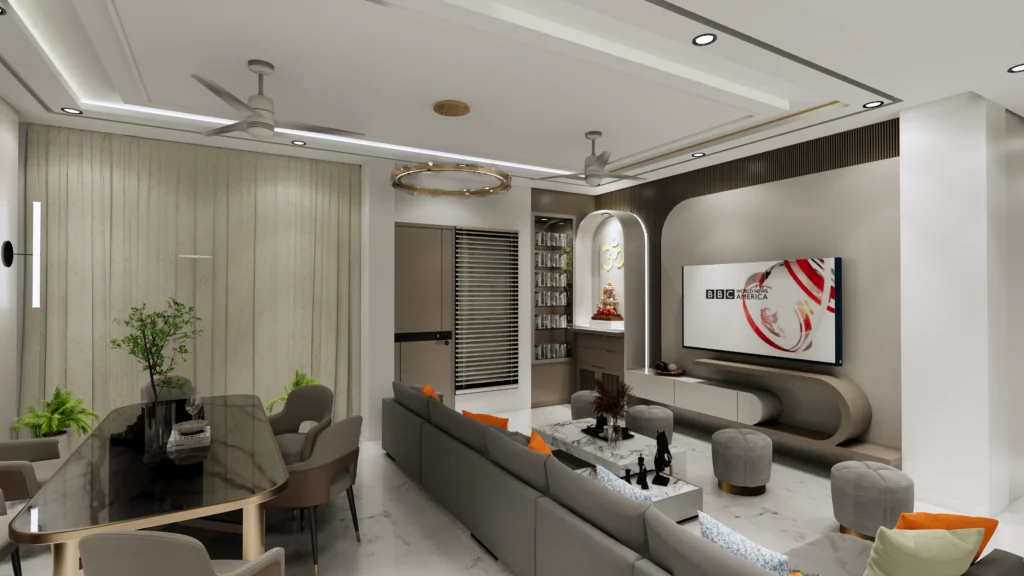 Modern living room interior design in Delhi by top interior designers near me with luxury TV unit and contemporary furniture