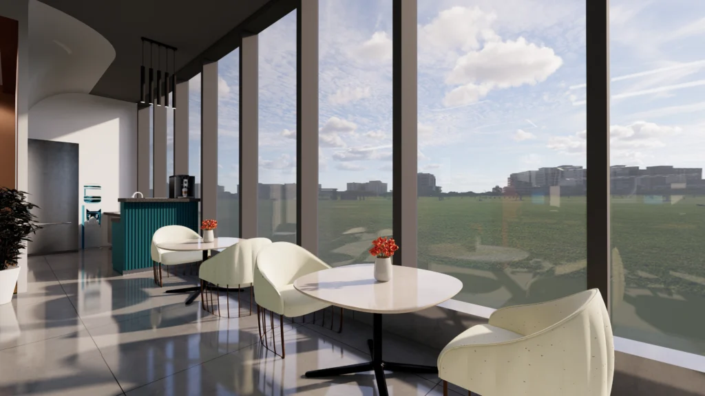 Office breakout café seating with large glass windows, indoor plants, natural views, and minimalist furniture by Amartya Architects.