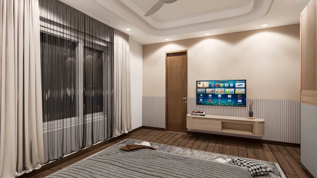 Modern bedroom TV unit design with wooden flooring, wall paneling, floating console, and smart lighting concept | home interior design near me