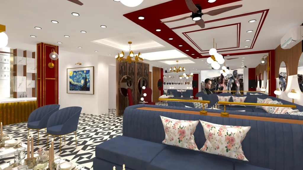 Luxury banquet lounge interior by architecture and interior design firm, best interior designers near me and commercial architects in Delhi NCR