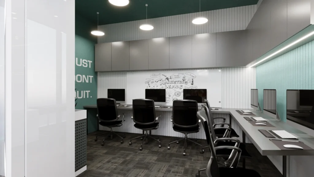 Accounts department office interior with linear workstations, task lighting, storage units, and functional layout designed by Amartya Architects.