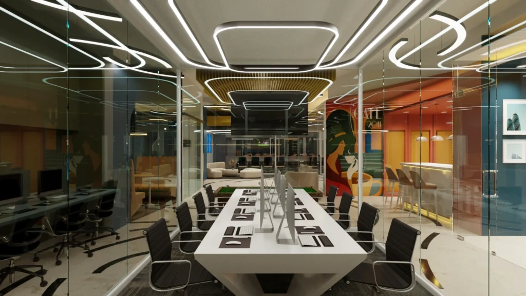 Modern office aquarium room with glass partitions, collaborative workstation table, designer ceiling lighting, and vibrant interiors by Amartya Architects