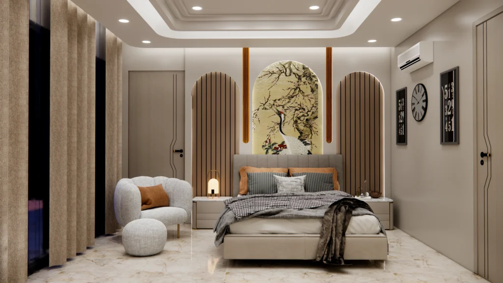 Luxury bedroom bed back wall design with arched panels and ambient lighting by residential architects near me offering modern home architecture design