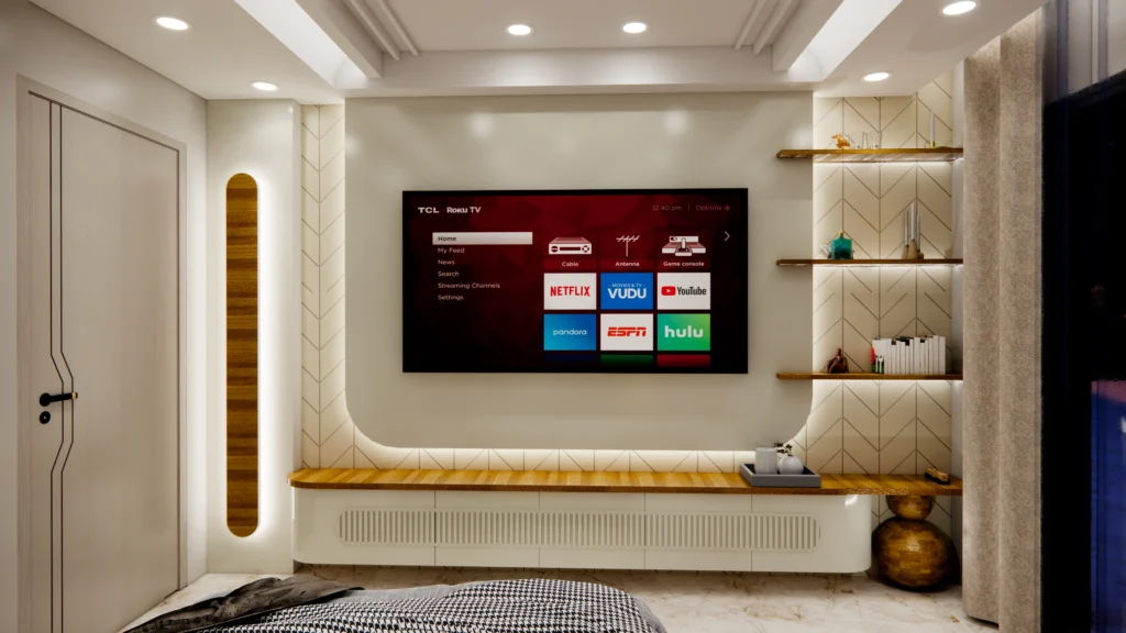 Modern bedroom TV wall design with floating shelves and ambient lighting by residential architects near me offering interior architecture services