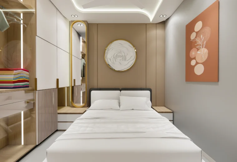 Modern bedroom interior design by residential architects in Delhi, showcasing elegant wardrobe design, soft lighting, and space-efficient layout by Amartya Architects – residential architectural designer in Delhi NCR