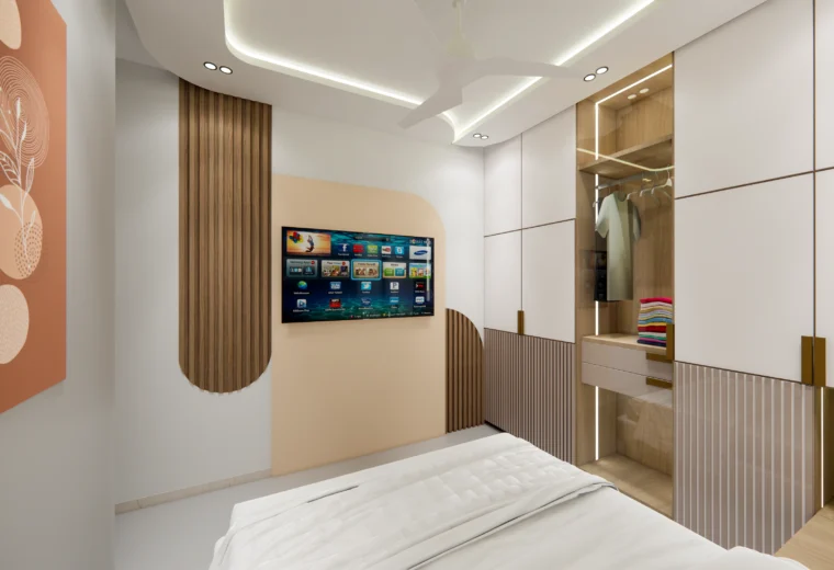 ontemporary bedroom interior with TV unit and custom wardrobe designed by residential architects in Delhi, featuring modern finishes and smart space planning by Amartya Architects