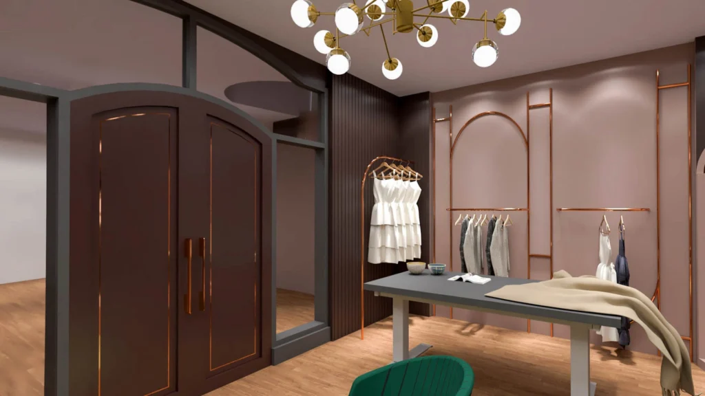 High-end fashion showroom interior with modular display walls, central styling table, wooden flooring and ambient ceiling lights, created by commercial interior designers near me and architecture and interior design firm for retail and showroom projects.