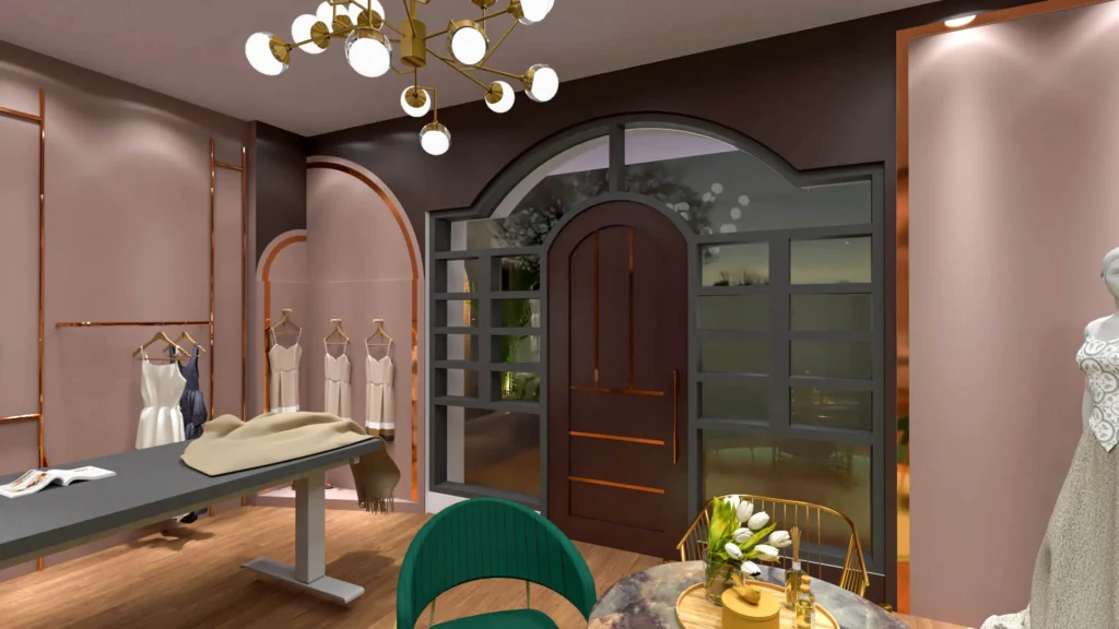 Modern retail showroom and boutique interior with custom display racks, fitting area, contemporary lighting and elegant furniture, designed by commercial interior architects near me and interior design firms near me specialising in showroom architecture.