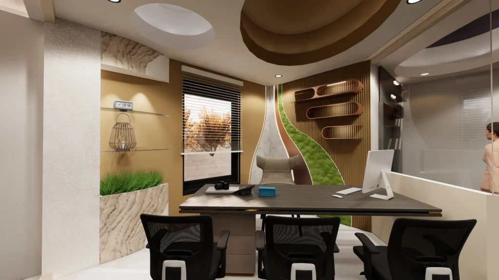 Modern executive cabin interior designed by Amartya Architects featuring sculpted ceiling, green wall accent, wooden textures, ergonomic chairs and elegant workspace layout.