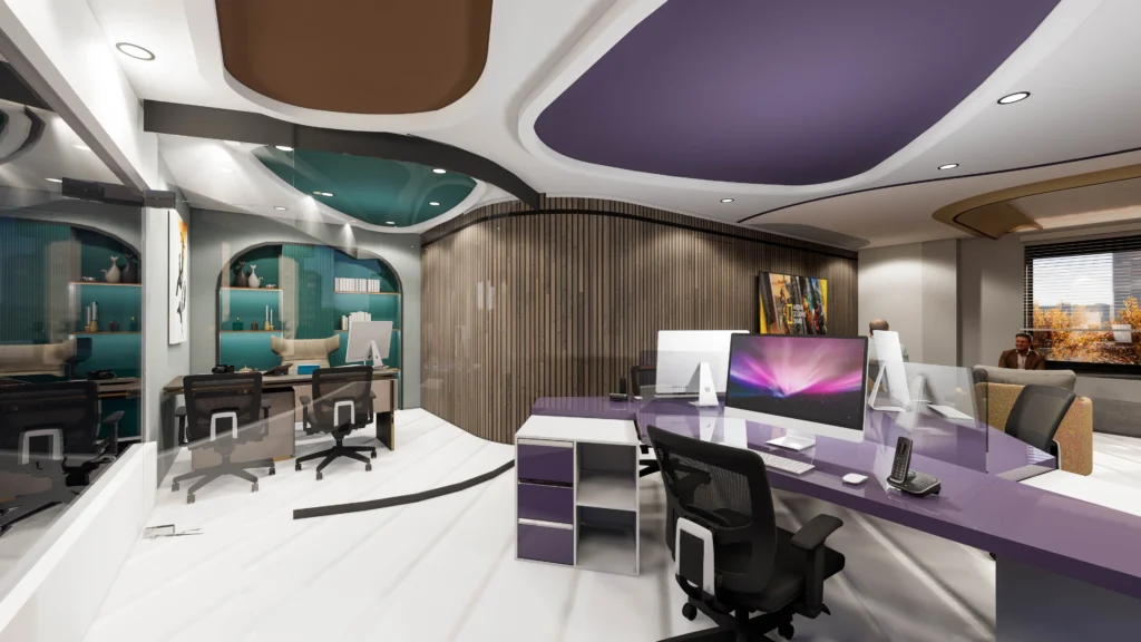 Contemporary open office workspace by Amartya Architects with colorful false ceiling design, modular desks, glass partitions and collaborative seating areas.