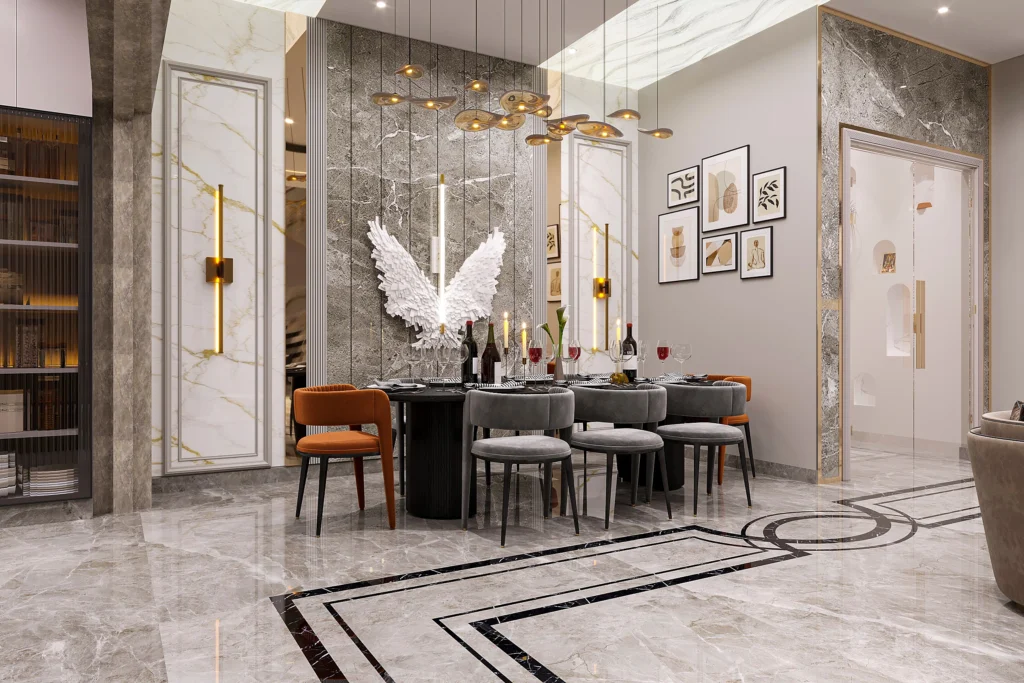 Luxury dining room interior with modern lighting and marble finishes designed by Amartya Architects