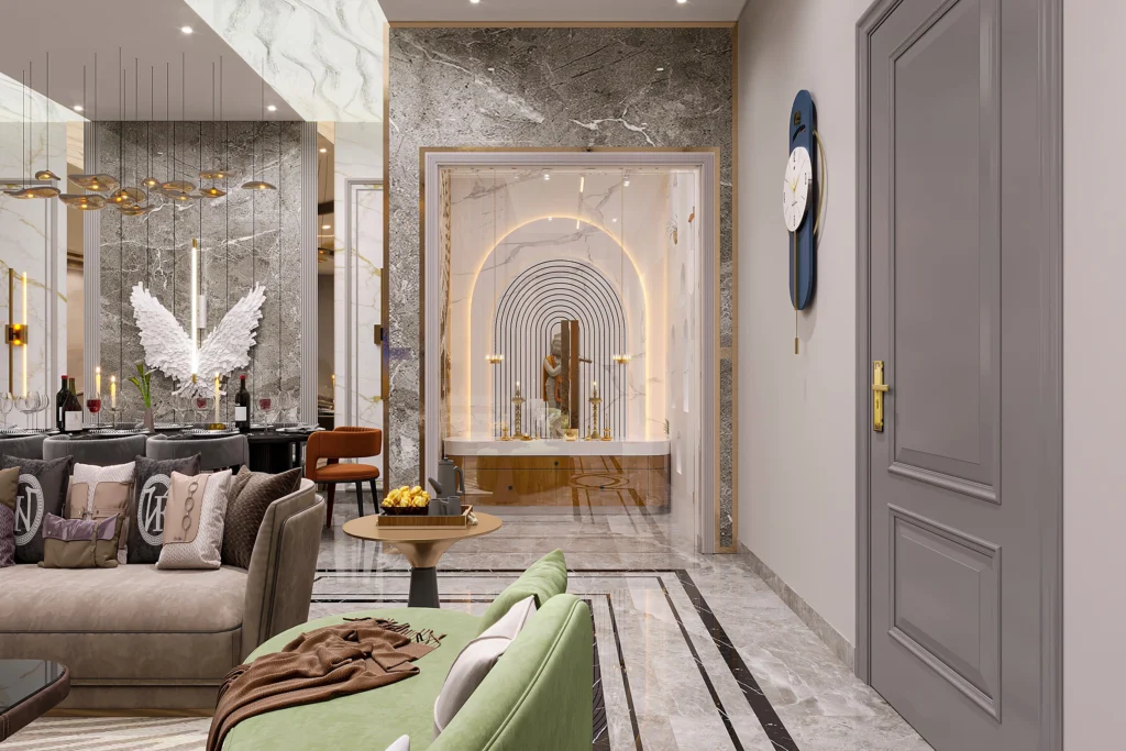 Luxury residential interior with open kitchen, staircase, and designer lighting by Amartya Architects