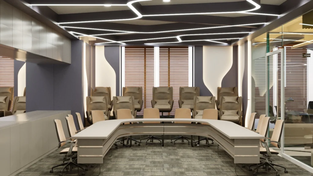 Contemporary office conference room with curved meeting table, tiered seating, acoustic wall design, and modern lighting by Amartya Architects.