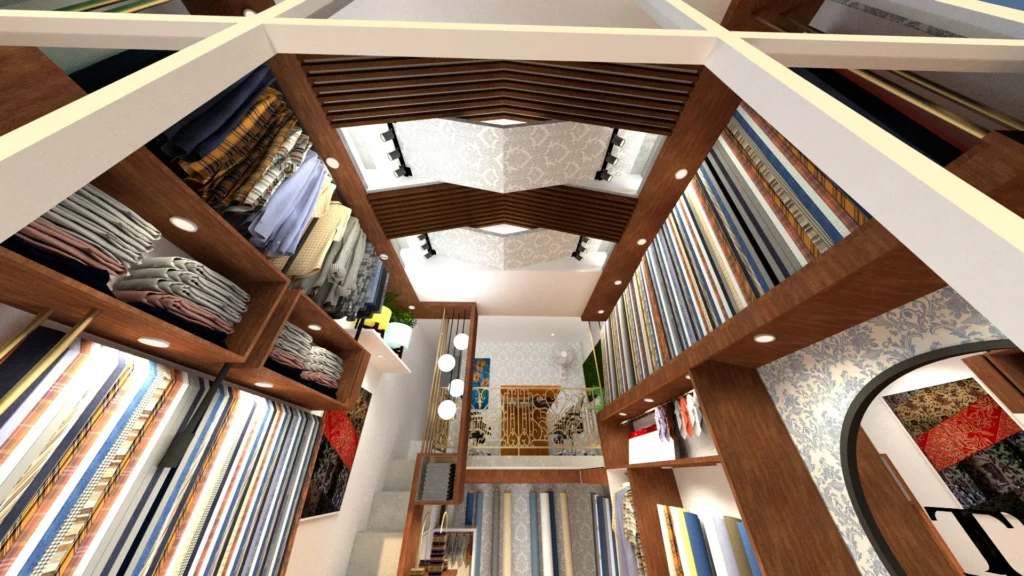 Designer fabric showroom ceiling view showcasing wooden slats, geometric ceiling panels and integrated lighting design
