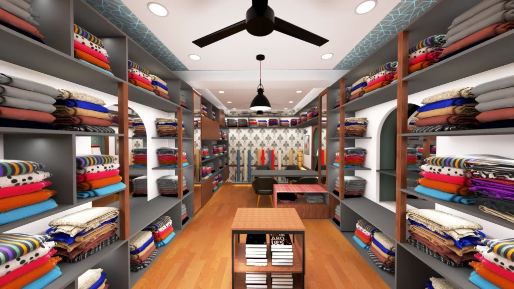 Fabric retail showroom with symmetrical shelving layout, central display table, ceiling fan, pendant lighting and warm wooden flooring