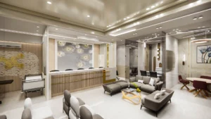 Luxury clinic reception and waiting area interior with modern seating and elegant lighting designed by Amartya Architects in Supernova project.