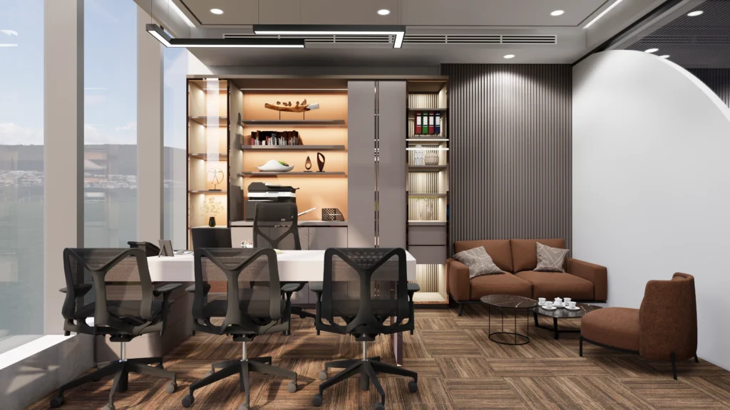 Executive office interior with meeting desk, lounge seating, custom storage, warm lighting and refined finishes designed by Amartya Architects in Delhi.