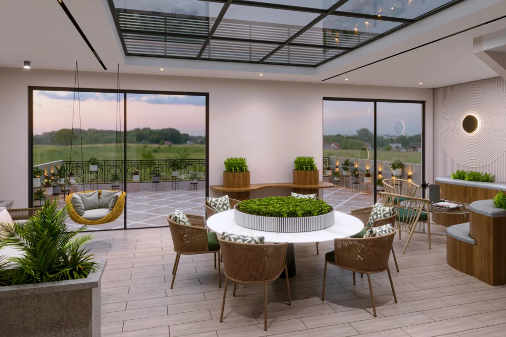 Modern terrace dining and lounge area with skylight and indoor plants designed by Amartya Architects
